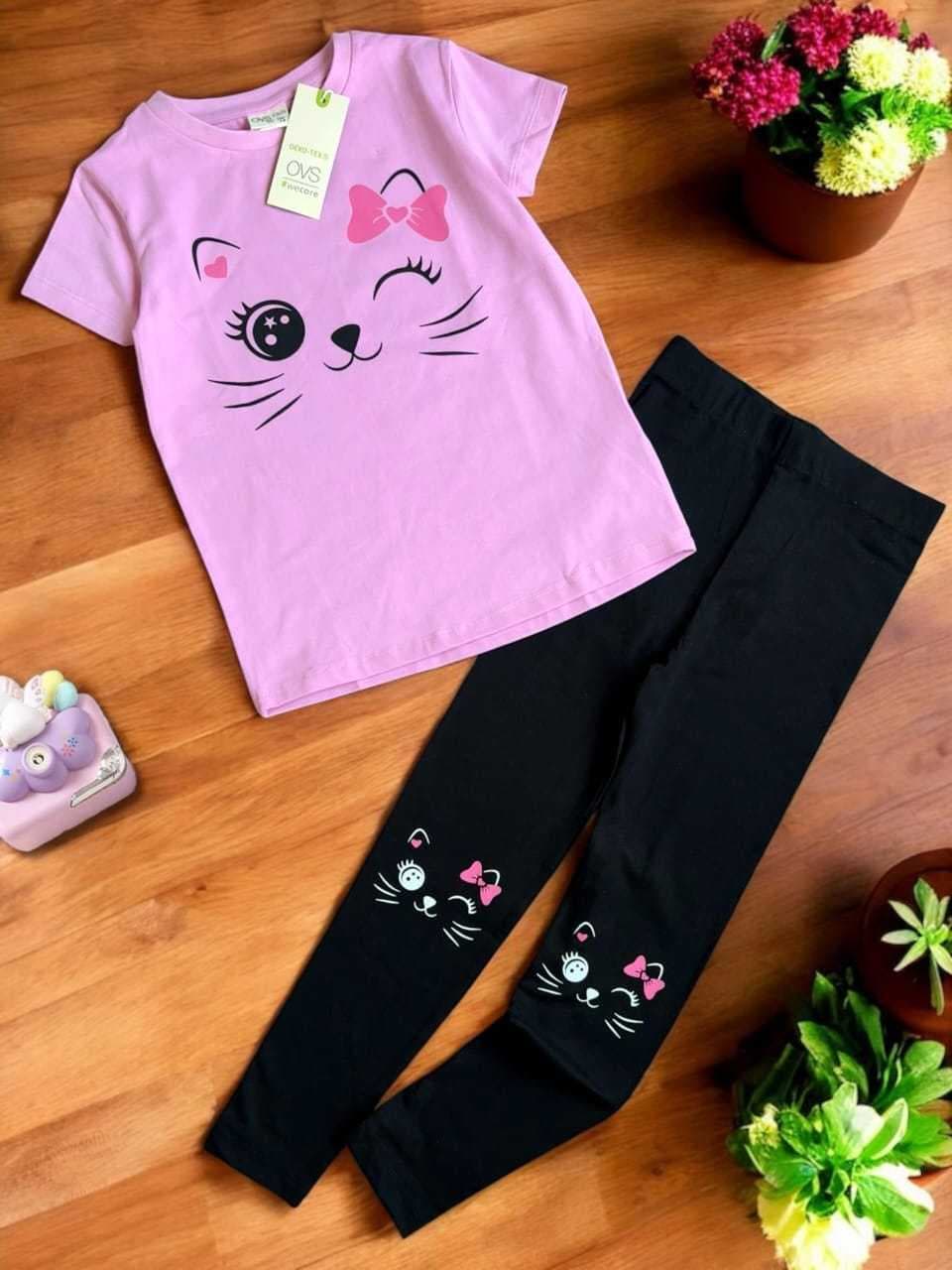 Premium Girls Summer Print Cute Legging Set Cat(3) - Image 2