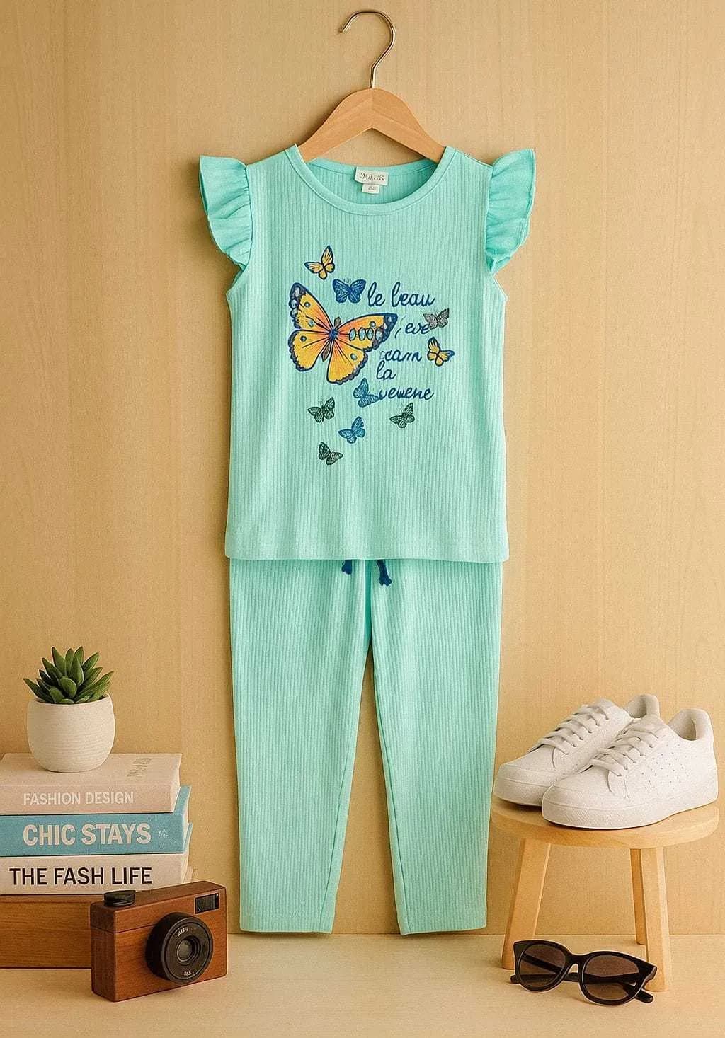 Palazzo Sets Dorio Ribbed Cotton Material Turquoise Blue(3-4) - Image 2