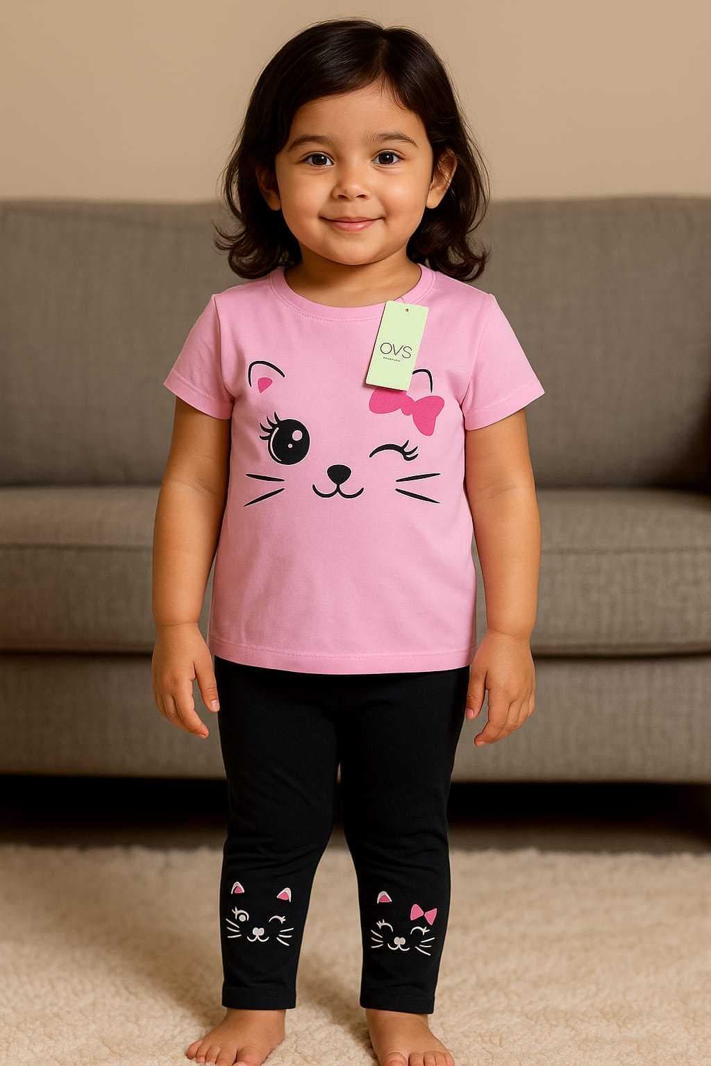 Premium Girls Summer Print Cute Legging Set Cat(3) - Image 1