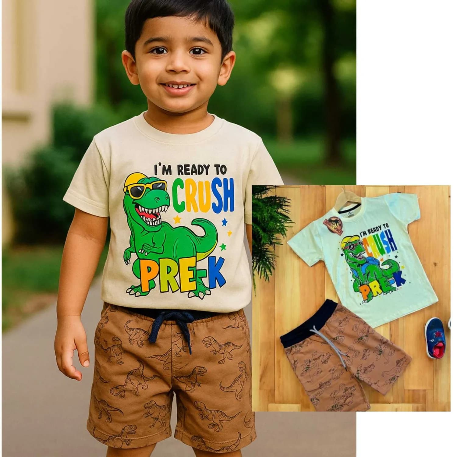 Kids Premium Kids Shorts Set Yellow Dino(5-6) - Image 1